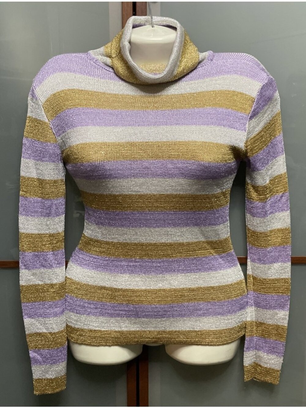 Free Paris Vintage Metallic Striped Turtleneck Longsleeve Sweater Top Stretch